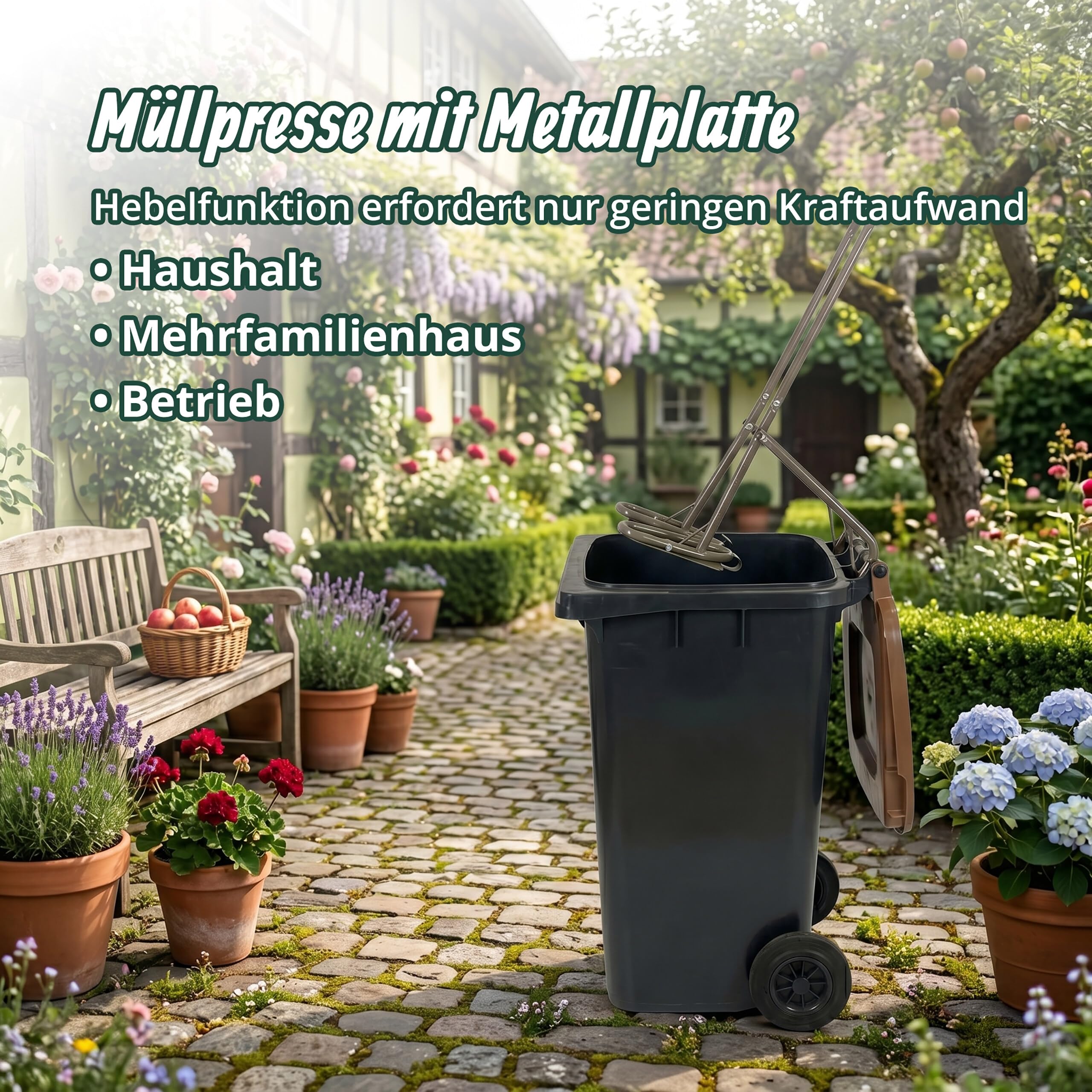 Relaxdays Müllpresse für Mülltonne, Müllverdichter Metallplatte, Hausmüll, Restmüll, Plastik, manuell, Stahl, schwarz