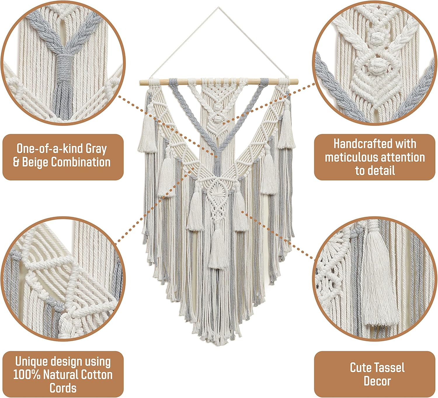 Boho Macrame Wall Hanging & Wall Decor - New Bohemian Style Macrame Wall Art With Minimalist Design For Decorating Your Bedroom Living Room Apartment Dorm & Nursery: Gray & Beige Woven Macrame (Gray)