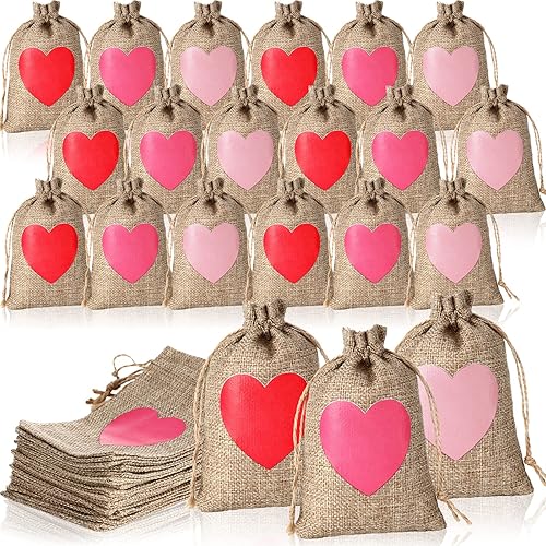Crtiin 24 bolsas de regalo de arpillera para el día de San Valentín, bolsa con cordón de corazón, bolsas de lino, bolsas de dulces, bolsas de regalo