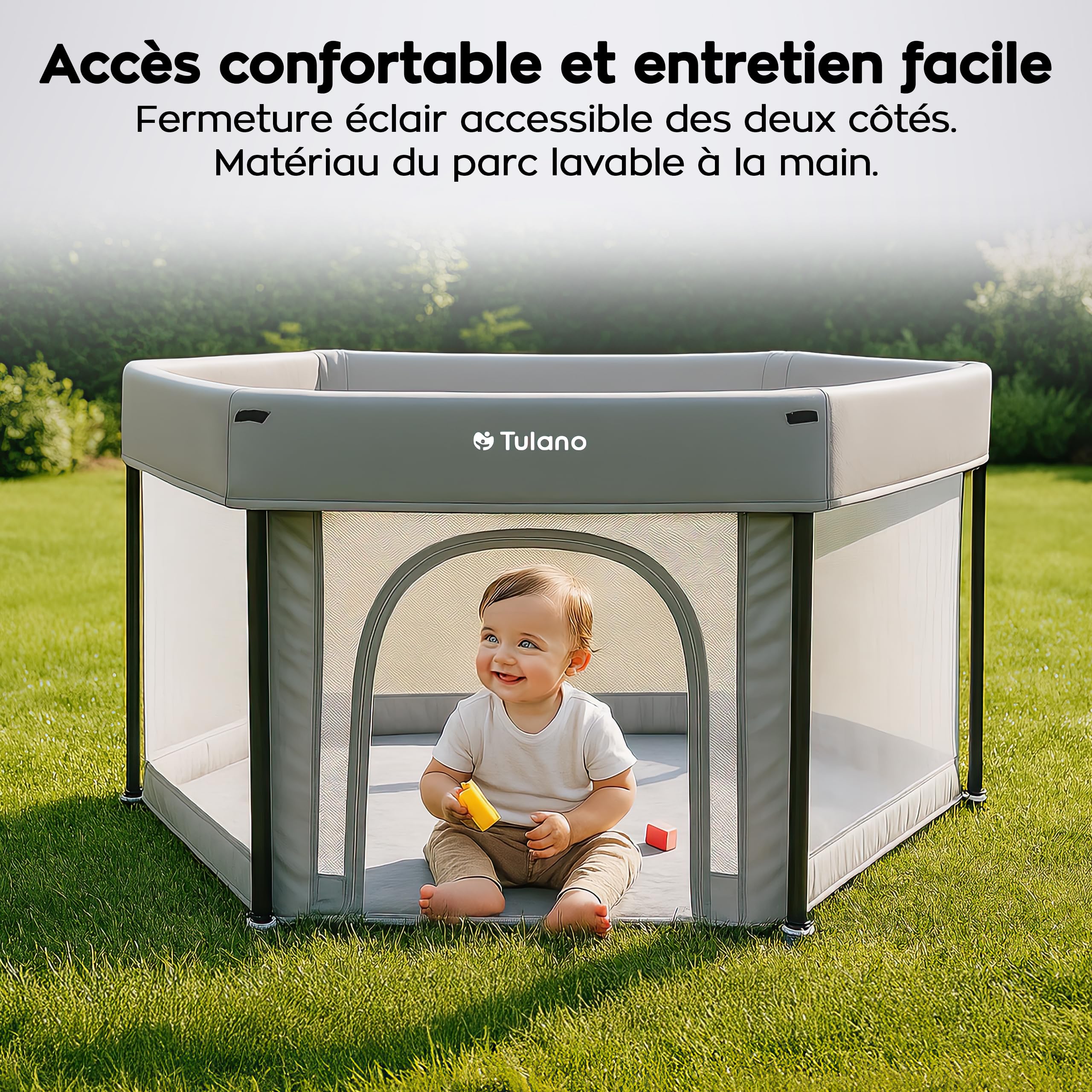 Tulano Cozy 30, parc bebe pliable, structure métallique stable, Gris | parc enfant pour usage intérieur et extérieur, parois en maille, entrée zippée, Sac de Transport, 120x120-6 à 36 mois