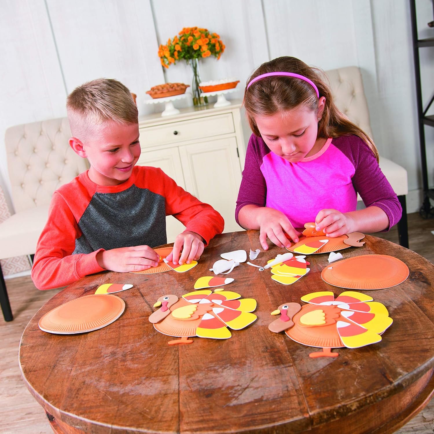 Fun Express Paper Plate Turkey Craft Kit - Makes 12 Thanksgiving Crafts for Kids Ages 3+ | Fall Arts & Crafts Activities with Self-Adhesive Foam Pieces & Wiggle Eyes | Preschool Holiday Party Favors