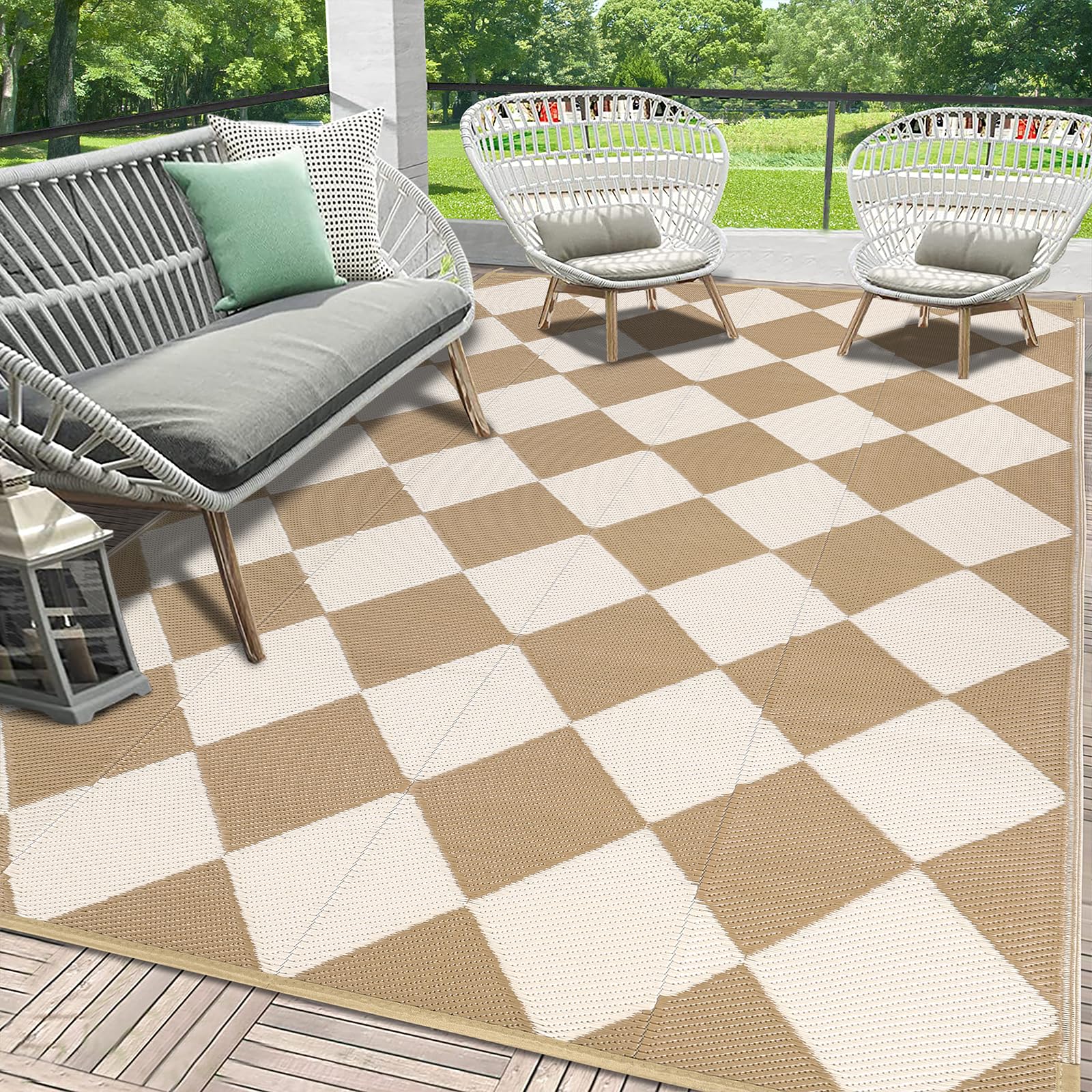 Photo 1 of HEBE Checkered Outdoor Rug Waterproof 5x8, Reversible Plastic Straw Rug RV Camping Rug, Indoor Outdoor Patio Mat Clearance, Outside Carpet for Porch,Deck,Camper,Balcony,Backyard,Picnic