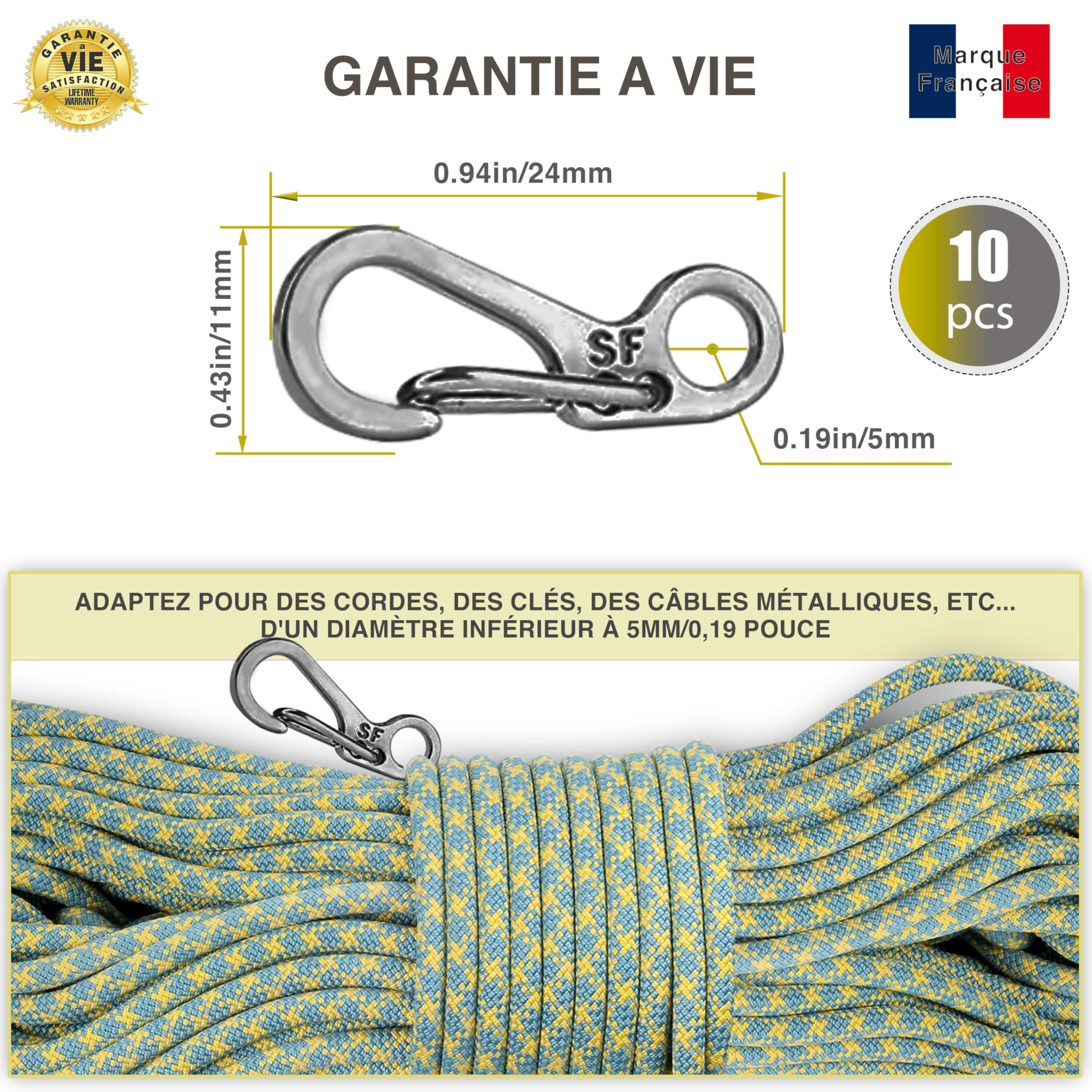 ✮Marque Francaise Mini Mousqueton|Lot de 10-20|✮Garantie A Vie✮-Petit Mousqueton|Poids 5KG|Mousquetons Porte cle|Gris ou Noir| Porte clefs pour Camping/randonnée/Escalade