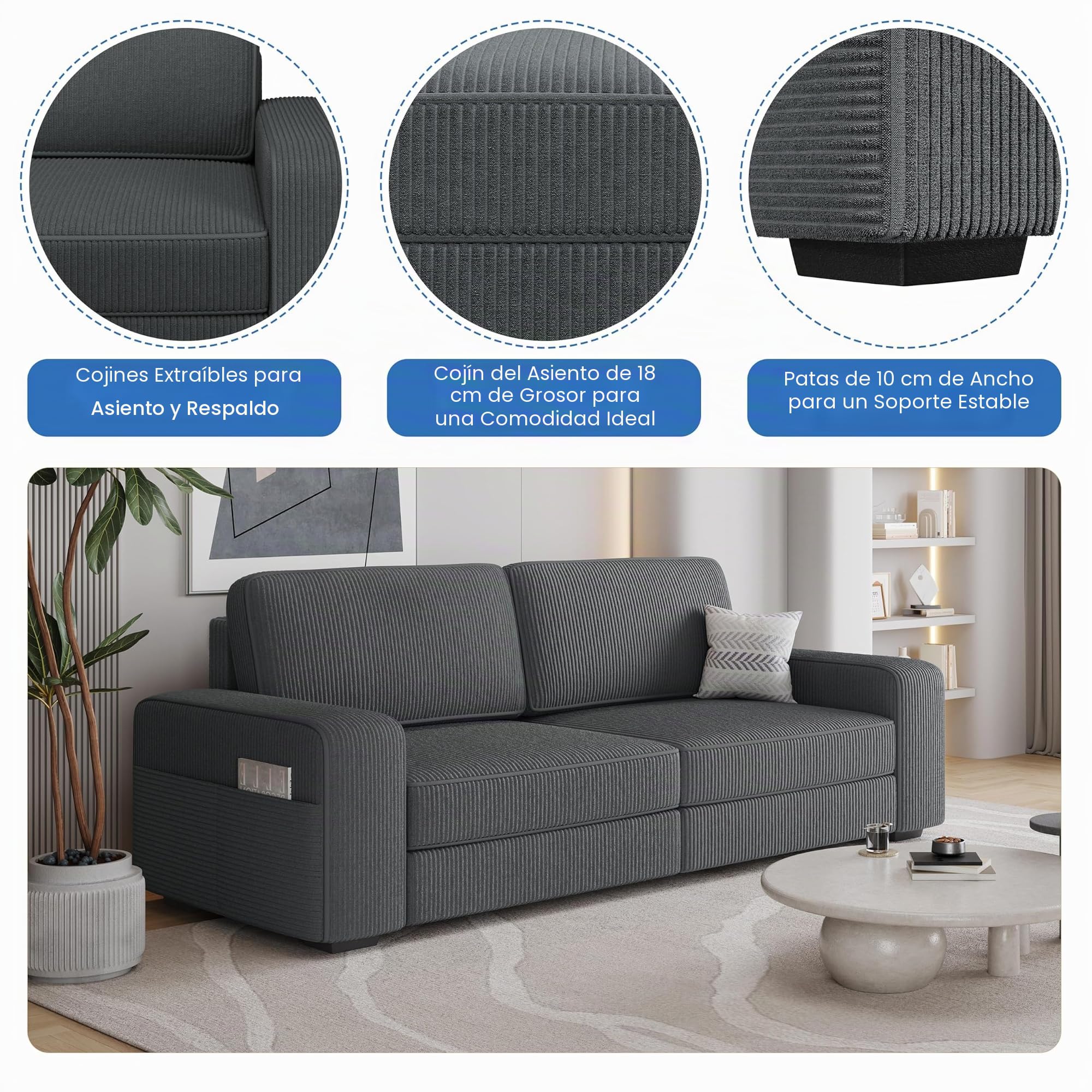 Yaheetech Sofá de 2 Plazas Tapizado de Pana con Cojines Extraíbles Gris | Sofá de 2 Plazas 212 X 81 cm, Capacidad Max Carga 272 KG, Cojines Extraíbles, Estilo Moderno, Bolsa Lateral