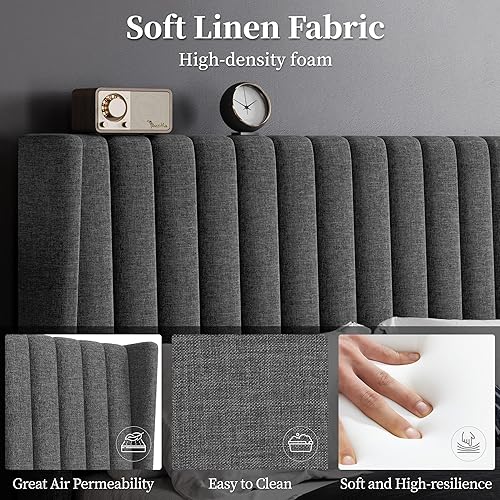 Miniatura 59 de Yaheetech - Base de cama matrimonial, plataforma tapizada con cabecera de borde ala, base de colchón de tela capitoné cuadrada, soporte de listones