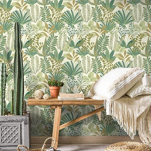 Vista 86 de Ismoon Papel tapiz verde para despegar y pegar, diseño bohemio floral y hojas en papel adhesivo grueso, papel adhesivo botánico oscuro, extraíble