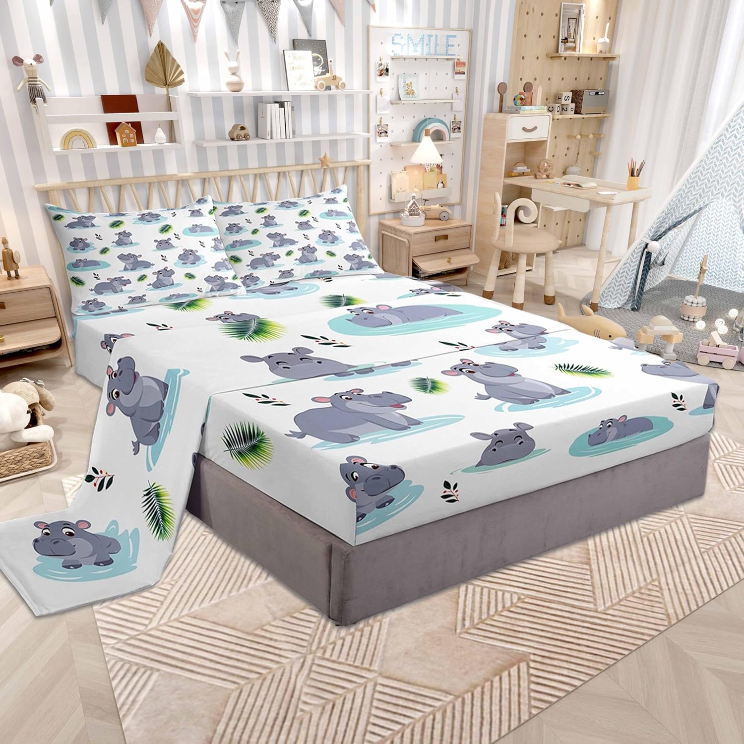 Cartoon Hippo Kids Bed Sheets Queen Size 4 Pcs Cute Wild Animal Rustic Style Bedding Set for Boys Girls Teens Blue Water Green Leaves Hippie Sheet Set with Flat,Fitted Sheet,2 Pillowcases
