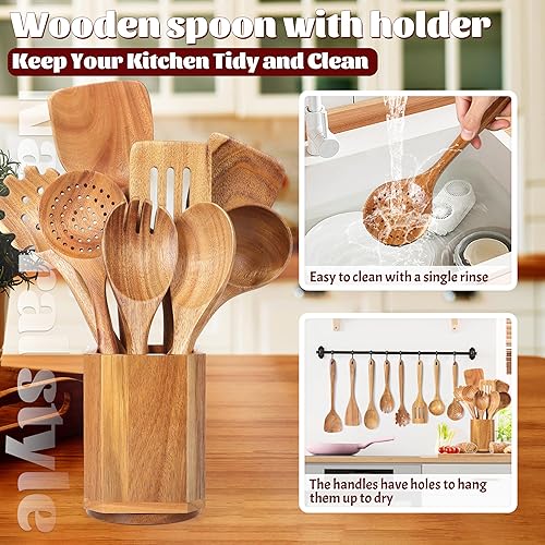 Miniatura 3 de Juego de cucharas de cocina con soporte KINGSOW 9 cucharas de madera para utensilios de cocina antiadherentes
