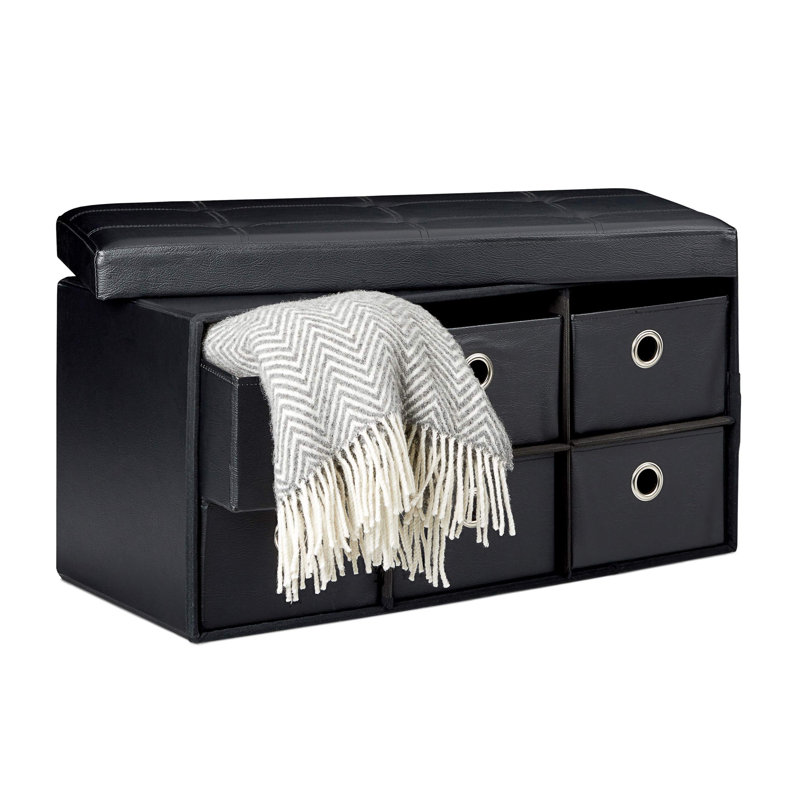 Relaxdays Banco Plegable, Taburete 6 Compartimentos de Almacenamiento, 38x76x38 cm, Cuero Sintético, Plegable, Negro