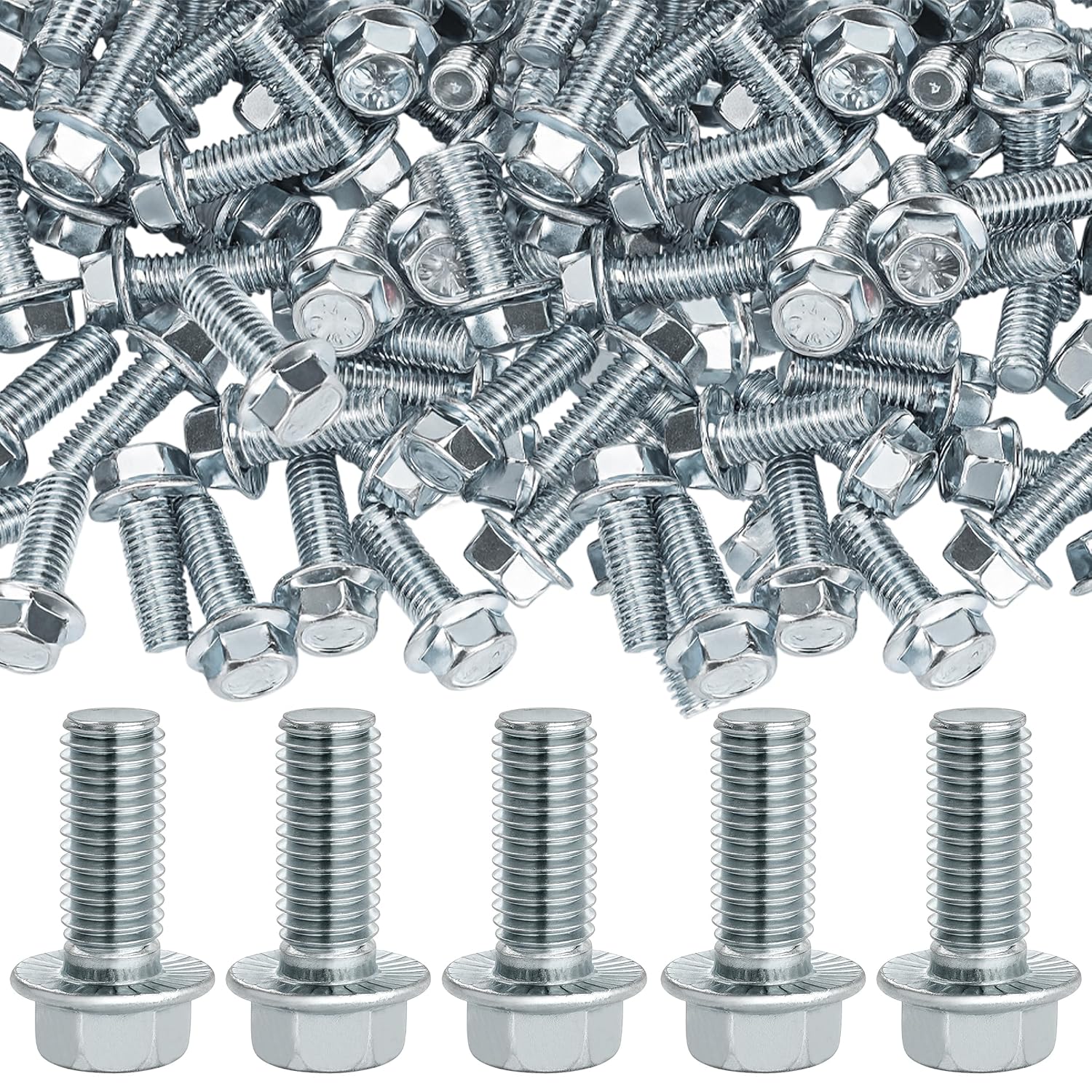 100 Pieces 3/8-16 x 1 Flanged Hex Head Bolts Grade 5 Serrated Hex Flange Bolts Full Thread UNC Coarse Zinc Plated Carbon Steel DIN 6921 Hex Flange Bolt Kit with Silver Washer Nuts
