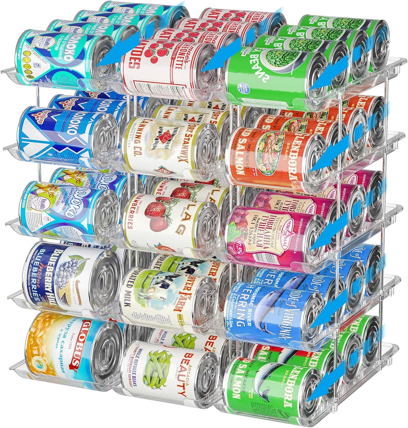 Can Organizer for Pantry Stackable 5 Tiers Can Storage Organizer Pantry Soda Can Organizer for Fridge 60 Cans Rack Automatic Rolling Canned Food Organizer for Refrigerator Kitchen Clear