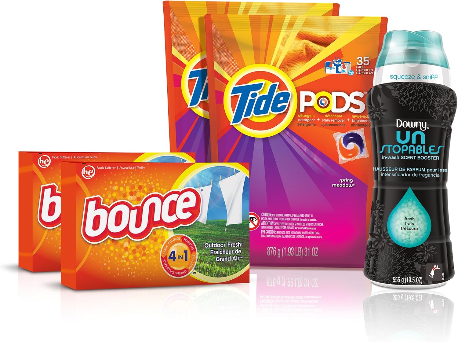 Tide Amazing Laundry Bundle (68 Loads): Tide PODS Laundry Detergent, Bounce Dryer Sheets and Downy Unstopables Beads