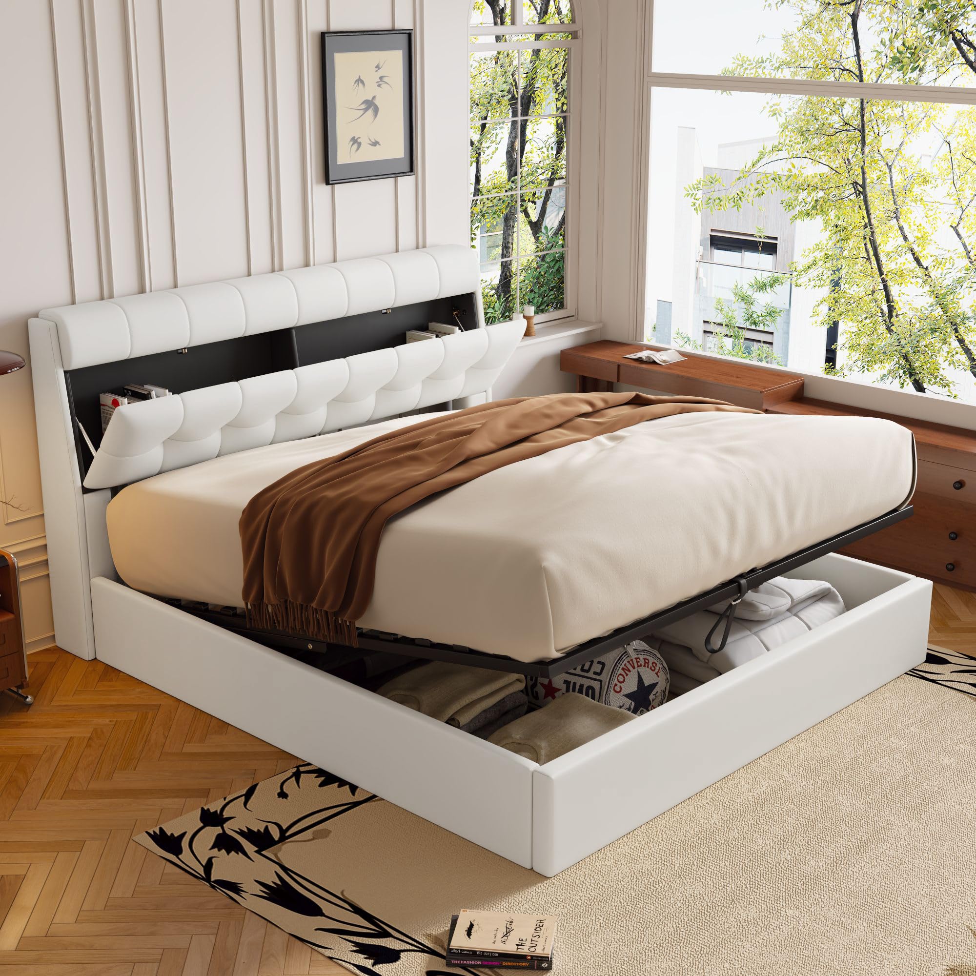 Ball & Cast Double Bed Frame, Double Bed with Concealed Headboard Storage and Hydraulic Bed Box, PU Upholstered 4ft6-135x190cm, No Mattress, Cream White