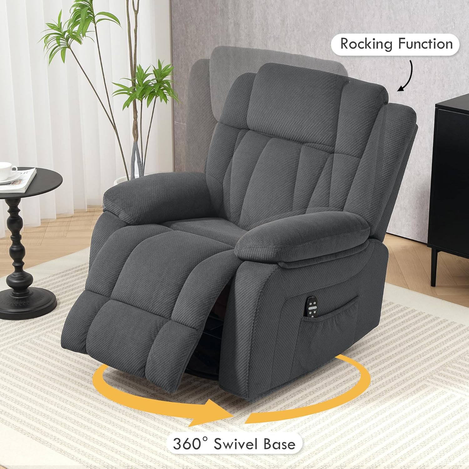 Diagram showing the 360-degree swivel base and rocking function of the HOMCOM recliner chair