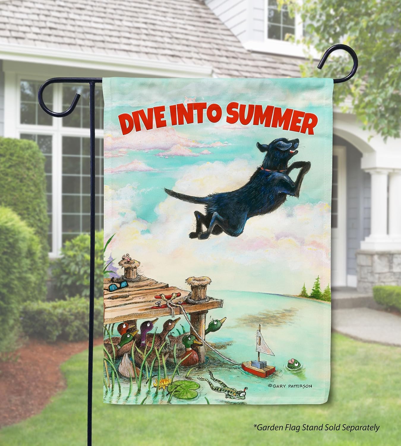 Flagology, Gary Patterson Dive Into Summer – Garden Flag 12" x 18", Outdoor Flag, Exclusive Premium Fabric, Dog Humor