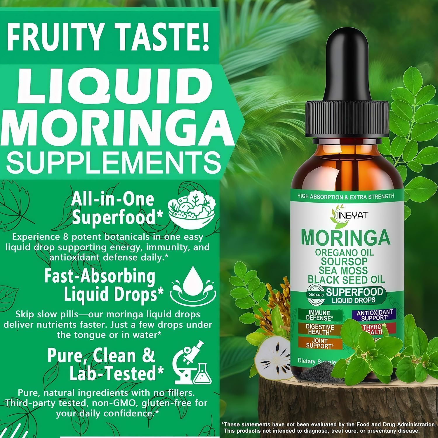 Moringa Liquid Drops,Organic High Absorption Moringa Tincture w/Soursop Sea Moss Black Seed Oil Oregano Oil,Pure Moringa Oleifera Leaf Extract for Energy,Skin,Immune & Gut Health,Non-GMO,30 Servings - Image 3