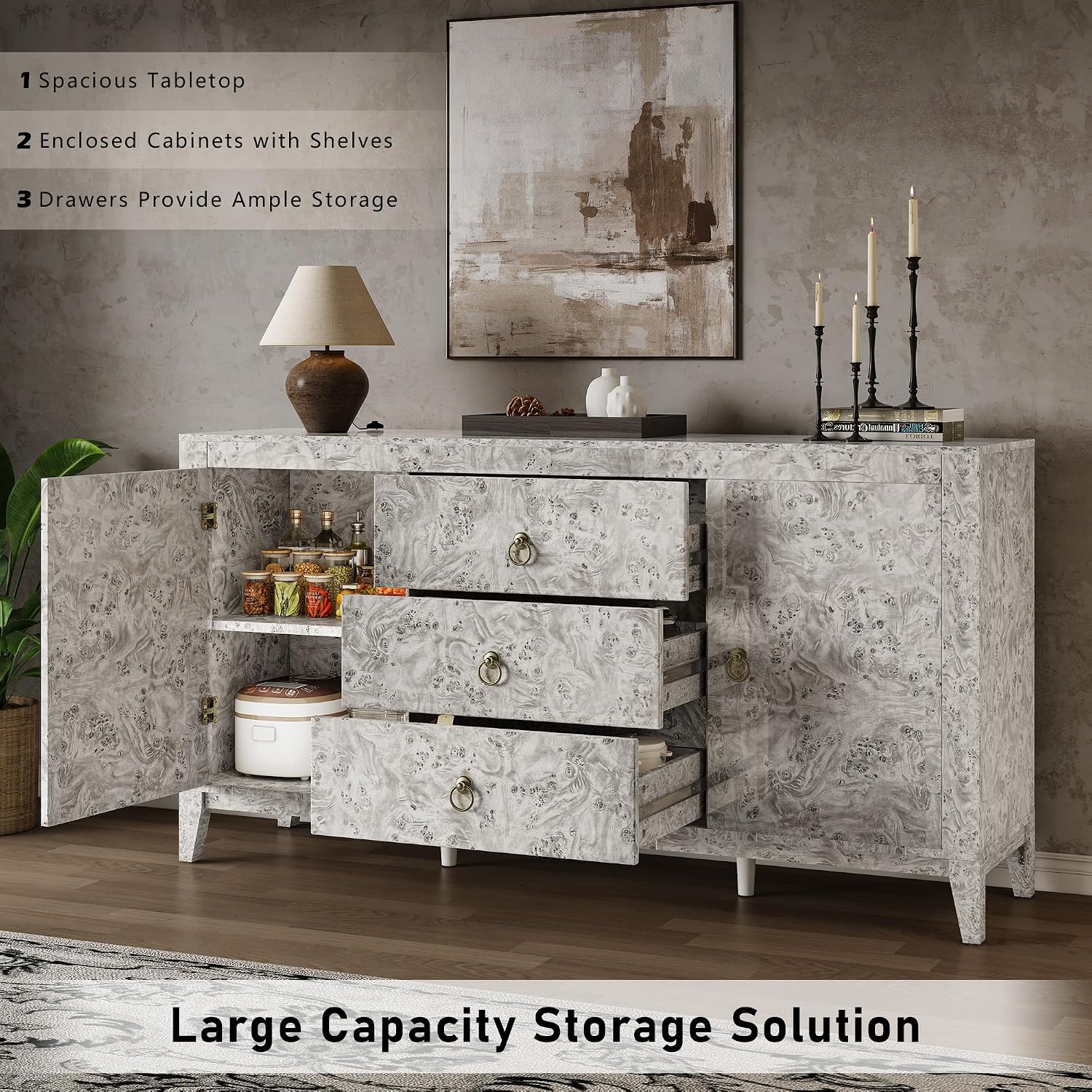 LUXOAK 60'' High Gloss Burl Wood Buffet Sideboard, Storage Cabinet with 3 Drawers & 2 Closed Cabinets, Modern Buffet Table for Dining Room,Living Room, Grey