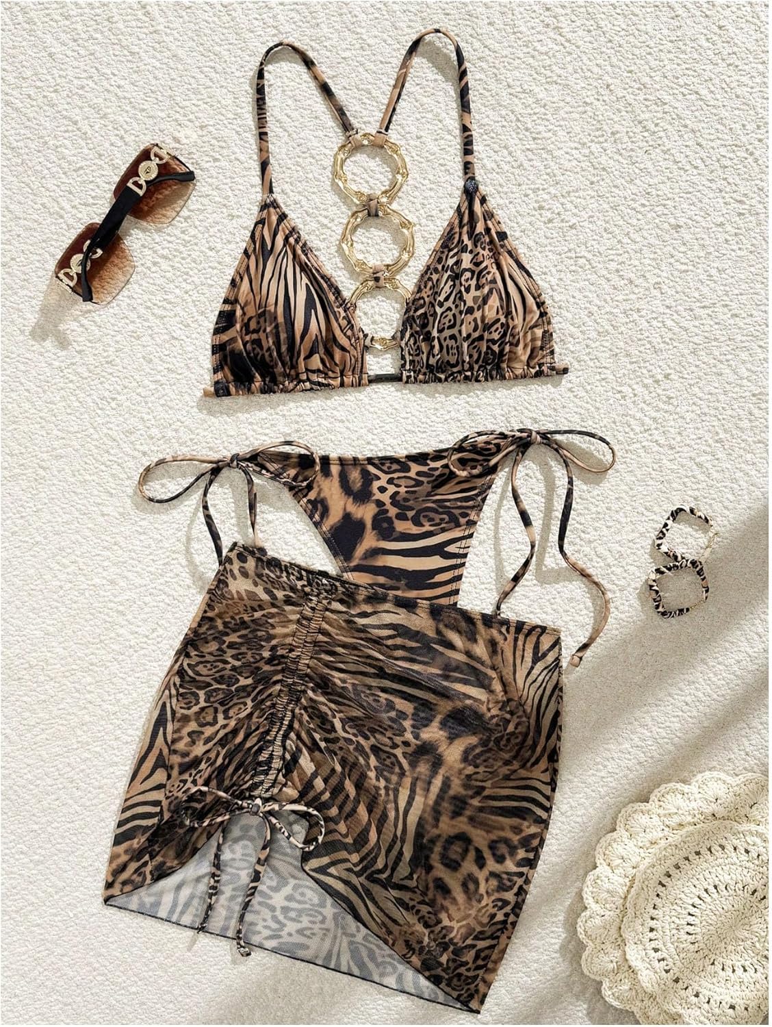 SweatyRocks Women's Cheetah Graphic 3 Piece Bikini Sets Ring Linked Triangle Thong Swimsuit with Cover Up