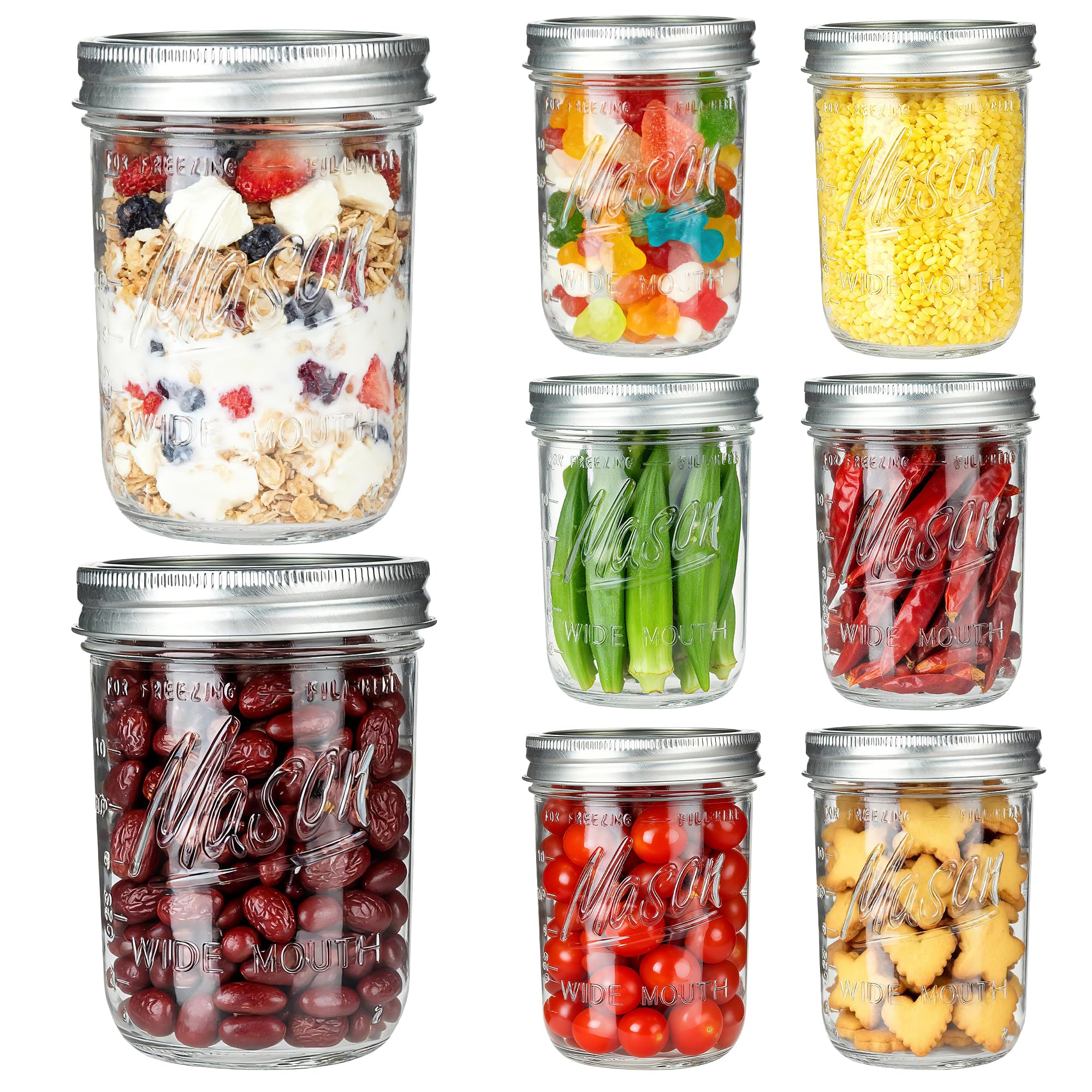 Lot de 8 bocaux Mason à large ouverture avec couvercles hermétiques en métal et bandes - 473,6 g avec couvercles hermétiques en métal pour fermentation, préparation des repas, congélation