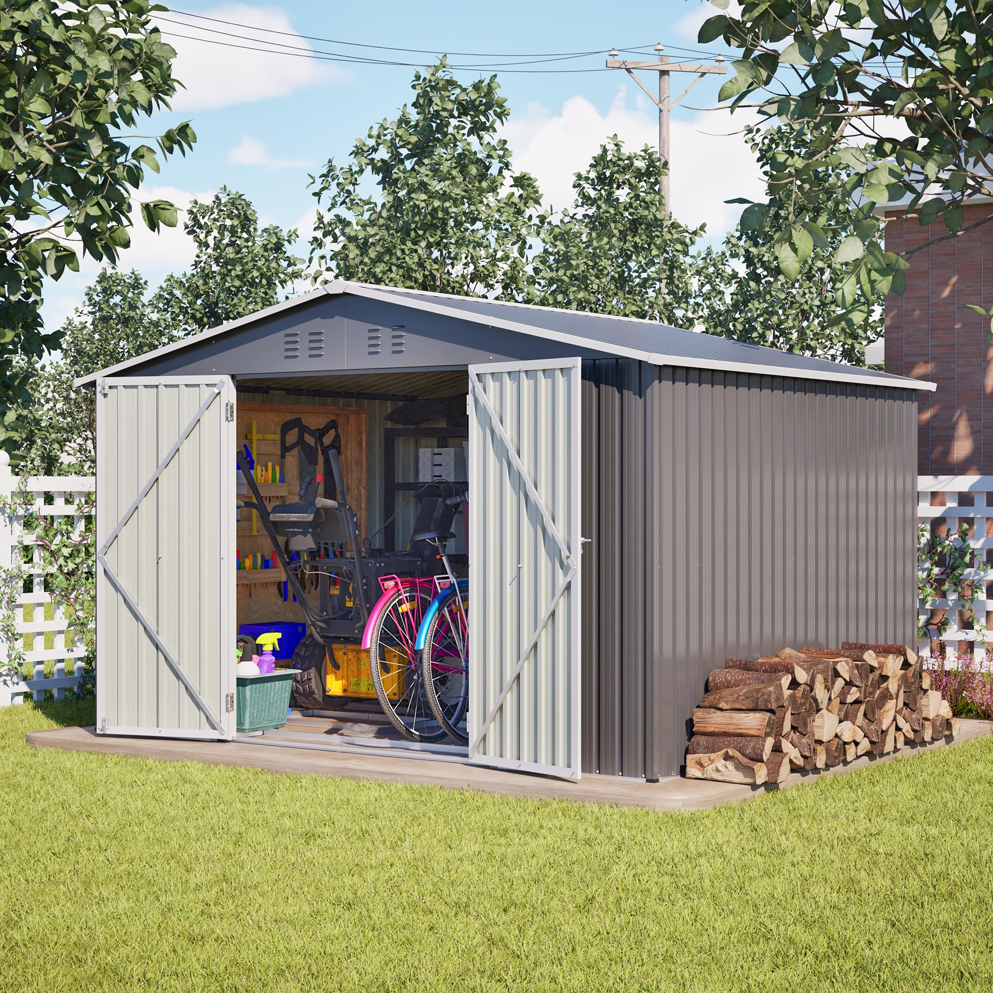 Cobertizo de Jardín Exterior, Cobertizo de Almacenamiento (XXXL) | Para Herramientas Terraza Patio, Metálico Caseta de Jardín, Con Puerta y Ventilación, Con Techo, 289x239x191 cm, Gris