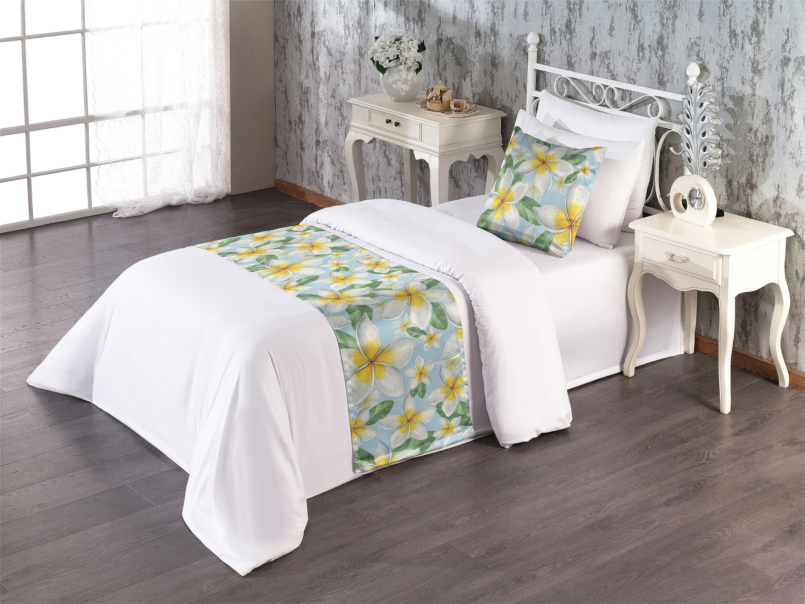 Ambesonne Tropical Bed Runner Set, Repeating Big Little Plumeria Flowers Vintage Hawaiian Exotic Vibes, Decorative Bedding Scarf and a Pillow Sham for Hotels Homes, Twin, Mustard Pale Blue Green