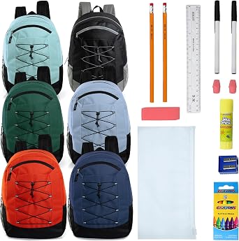 12 Pack 19" Bulk Bungee Backpacks With 16 Pc School Supplies Kit, 6 Colors