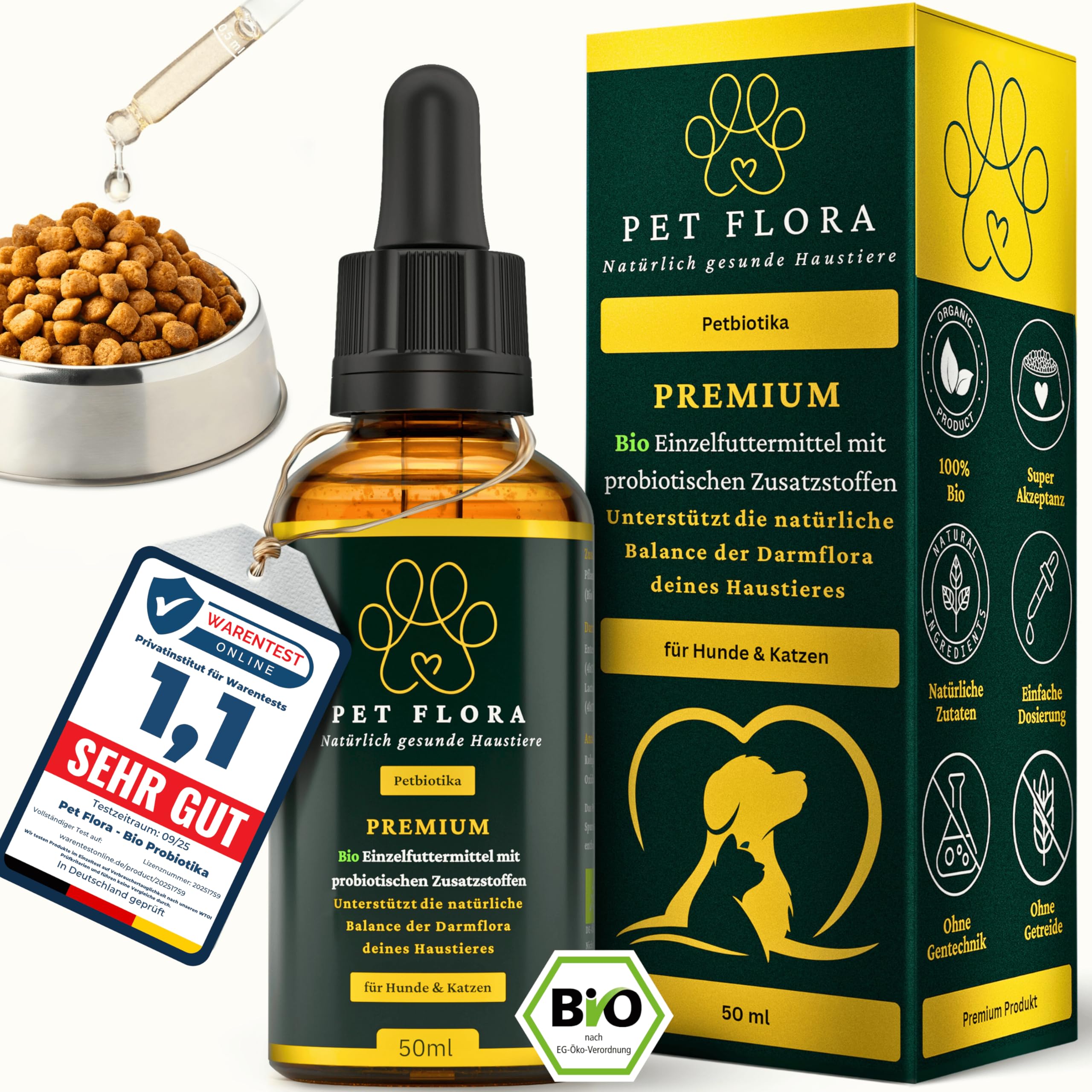 Pet Flora Probiotika für Hunde und Katzen – 100% Bio Tropfen 50 ml – Flüssiges Probiotikum für Darmflora Aufbau und Verdauung bei Haustieren – Probiotisches Einzelfuttermittel – Petbiotika
