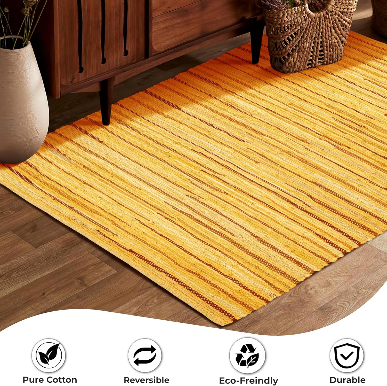 Ramanta Home 100% Cotton Hand Woven Tonal Chindi Rag Rug 3'x5' - Mustard, Recycled Reversible Rugs, Boho Rustic Farmhouse Rugs for Living Room, Dinning Room, Kitchen Floor Mats - 36"x60"
