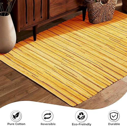 Miniatura 8 de Alfombra de trapo 100% algodón de 3 x 5 pies (36 x 60 pulgadas), alfombra Chindi multicolor, tejida a mano y reversible para sala de estar, cocina,