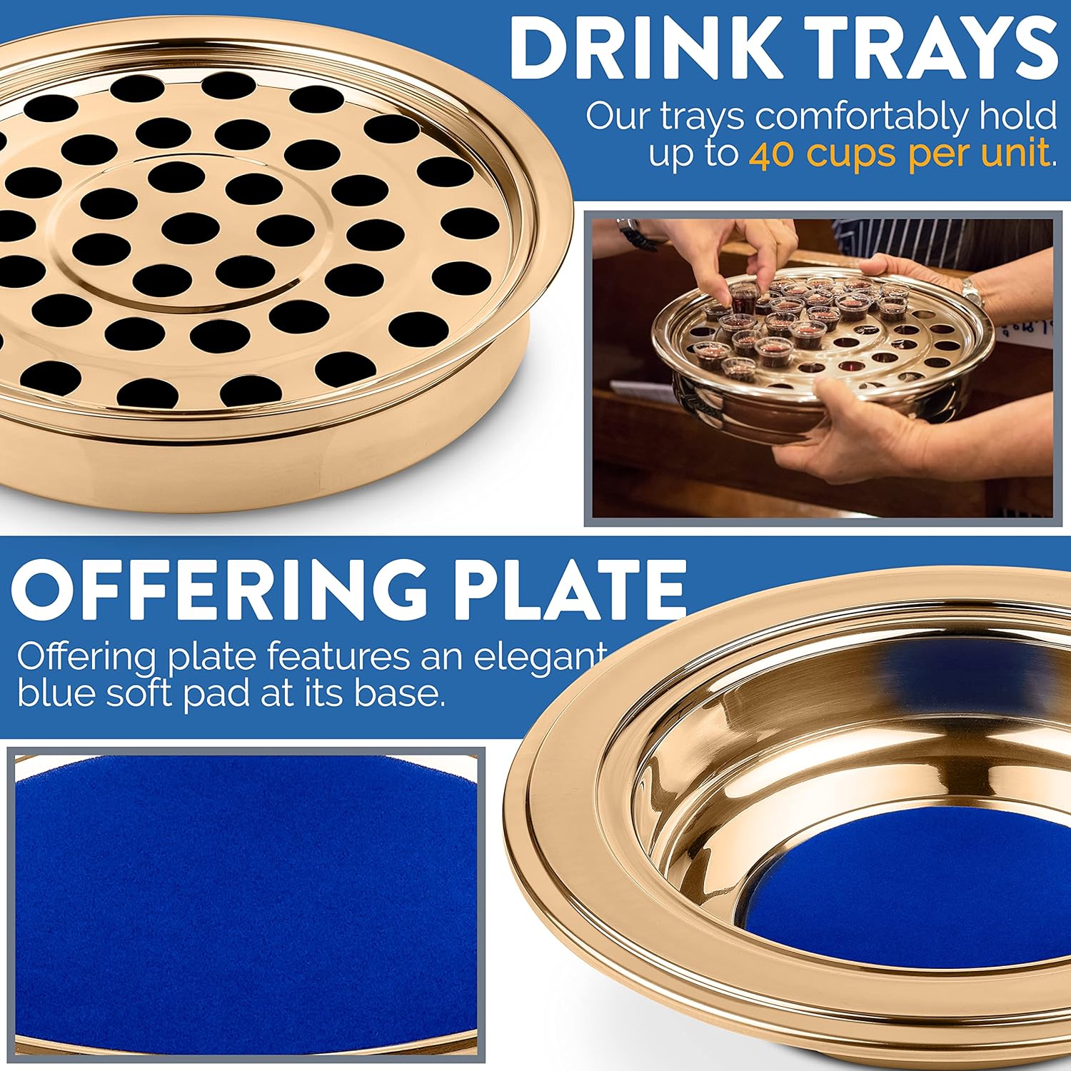 (Cup Tray) Gold Premium Communion Trays for Churches | Stainless Steel Communion Ware Set, Supplies | 40 Cup Tray