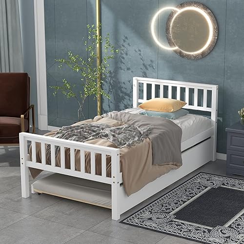 Miniatura 3 de Cama individual con nido base de cama de plataforma de madera con cabecera y estribo para dormitorio espacio de vida pequeño no necesita somier