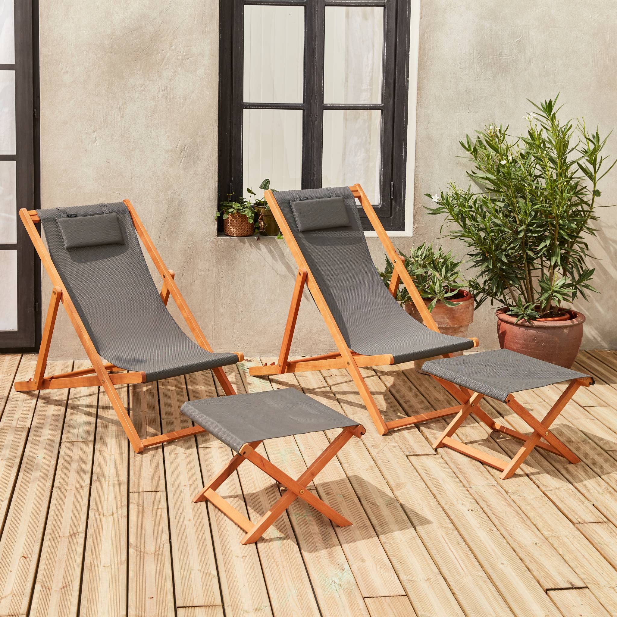 Alice's Garden - Chiliennes Bois - Creus - 2 transats en Bois d'Eucalyptus huilé avec Coussin Repose-tête Gris et Repose-Pieds