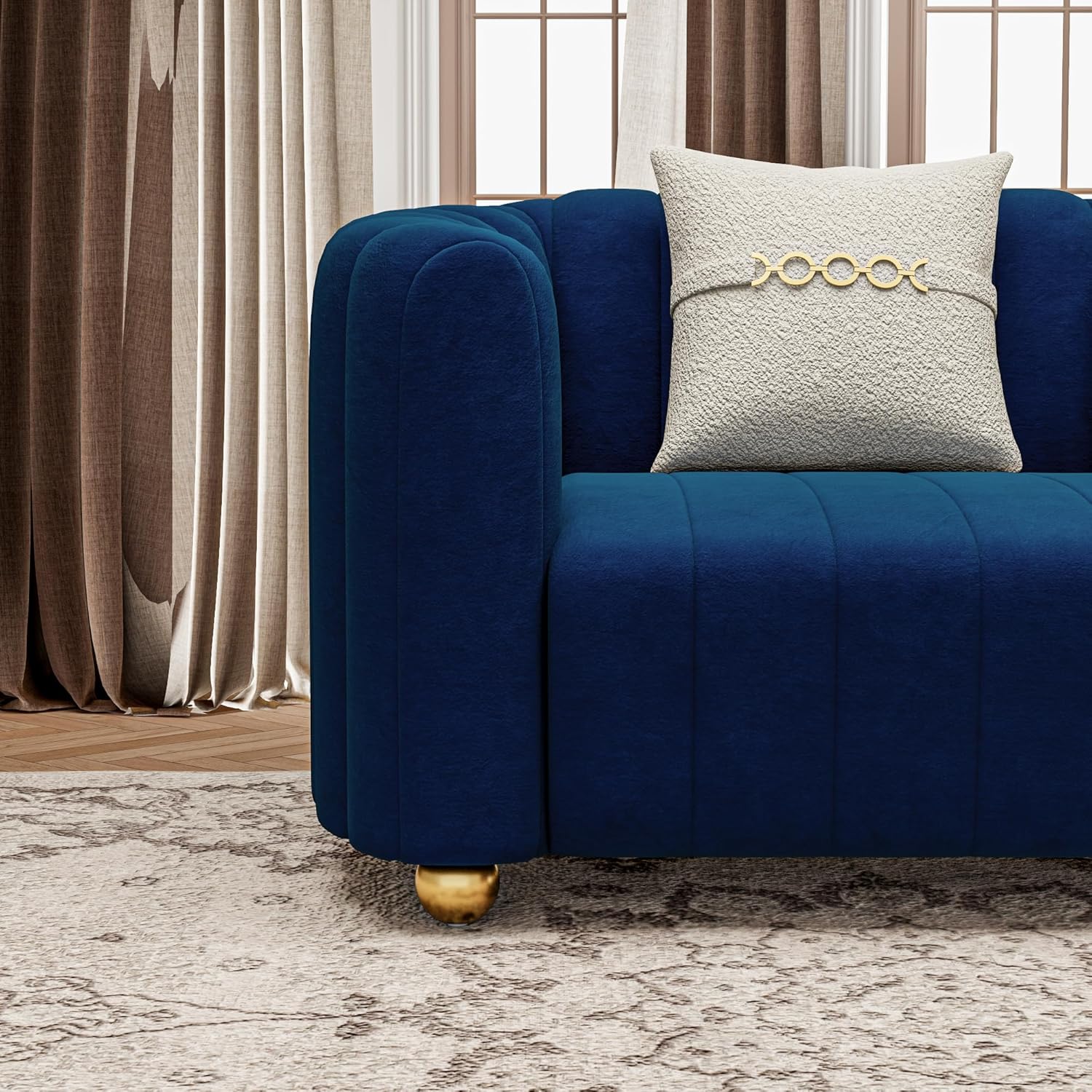 3-Piece Blue Velvet Tufted Sofa Set for Living Room, 3 Piece Modern Design Couch Set with Gold Metal Ball Legs, Lovely Upholstered Sherpa Furniture Set for Office (Blue, 1+1+3 Set)