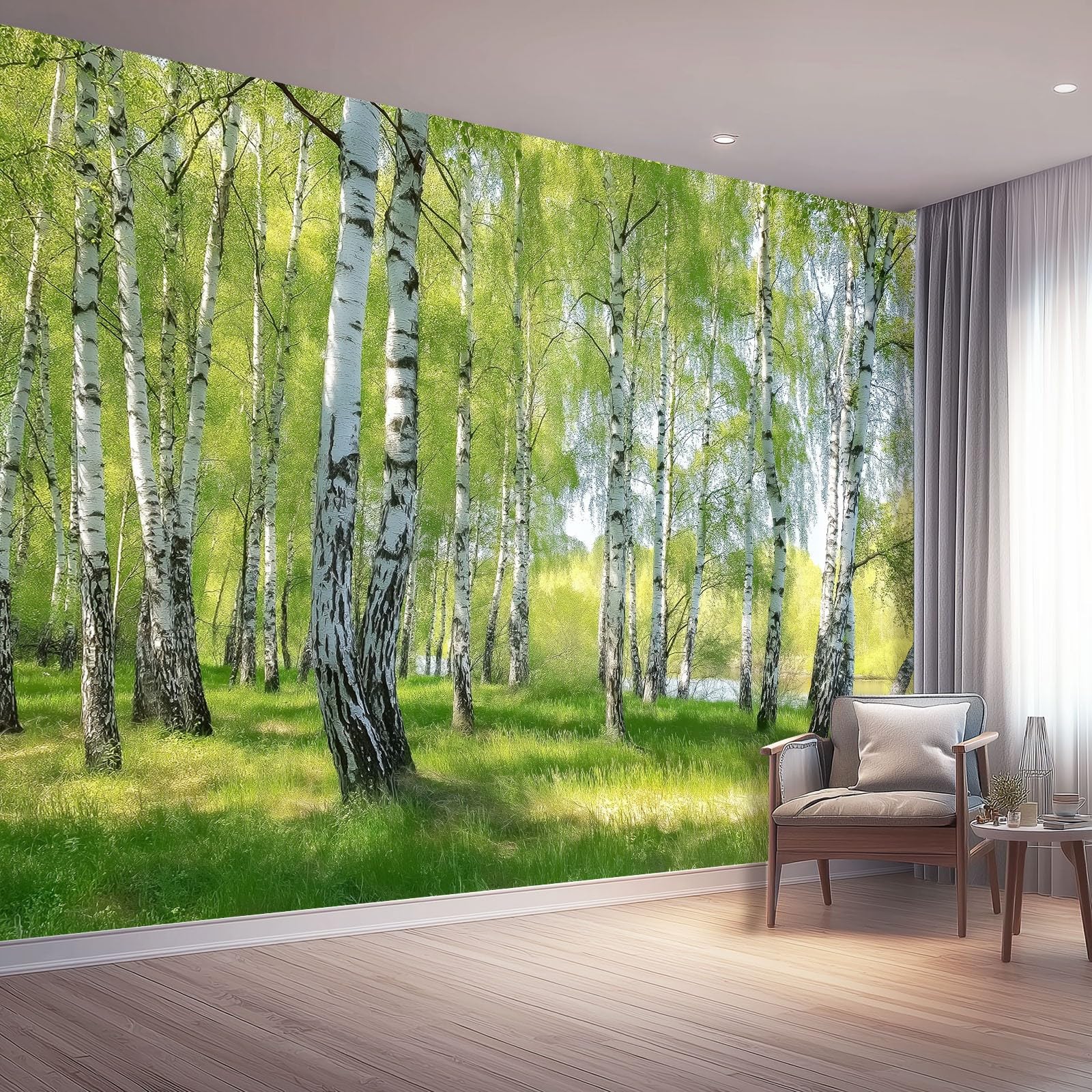 Non-Woven Wallpaper Mural,Silver Birch Forest Nature Green Wall Covering for Living Room,200 x 140(WxH) Photo Mural,Professional-Grade Feature Wall Solution