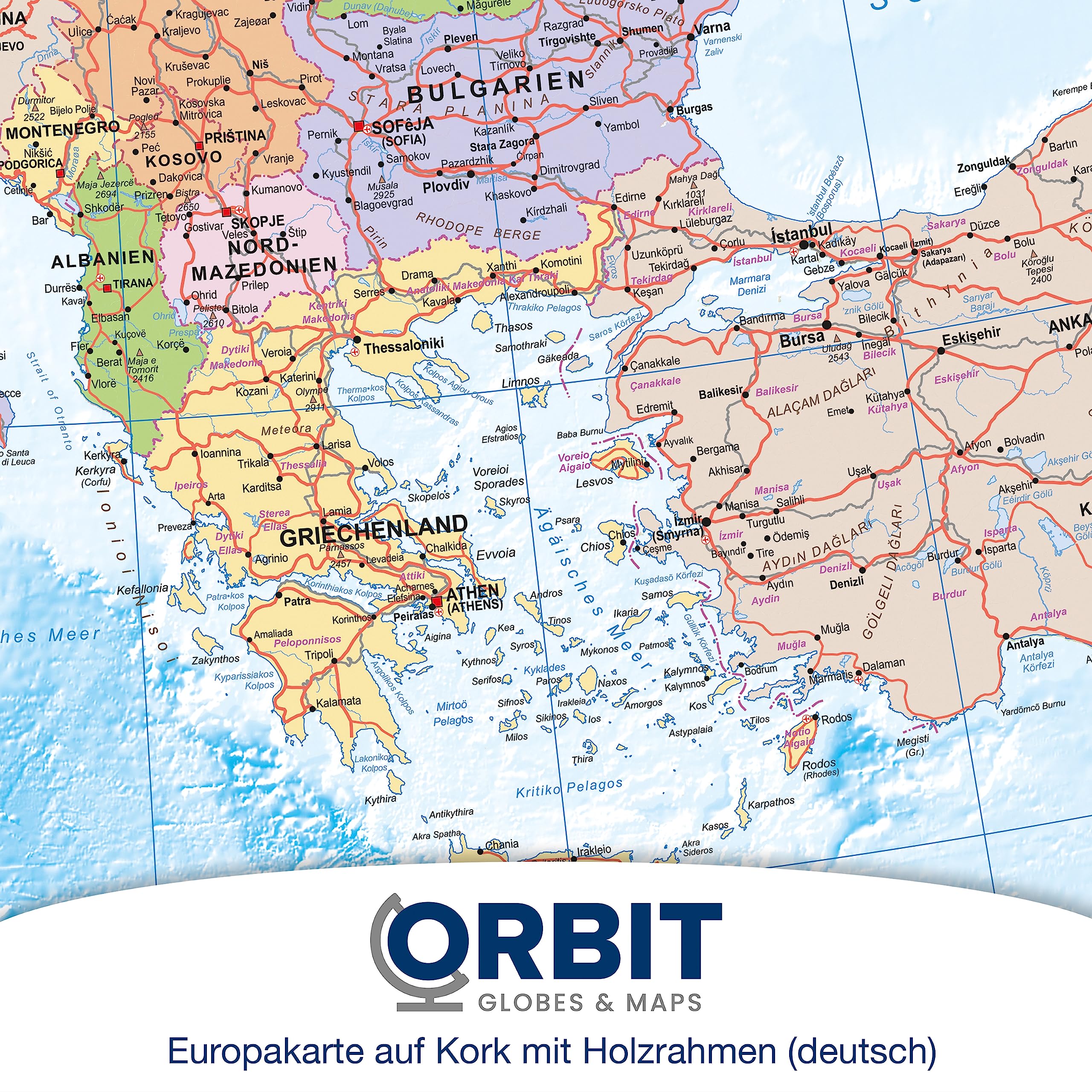 ORBIT GLOBES & MAPS - Politische Europakarte in deutsch, Pinnwand mit Holzrahmen, Aktuell 2025, 90x60 cm, deutsch, Maßstab 1:46 Mio mit Fähnchen und Pins sowie Befestigungsmaterial