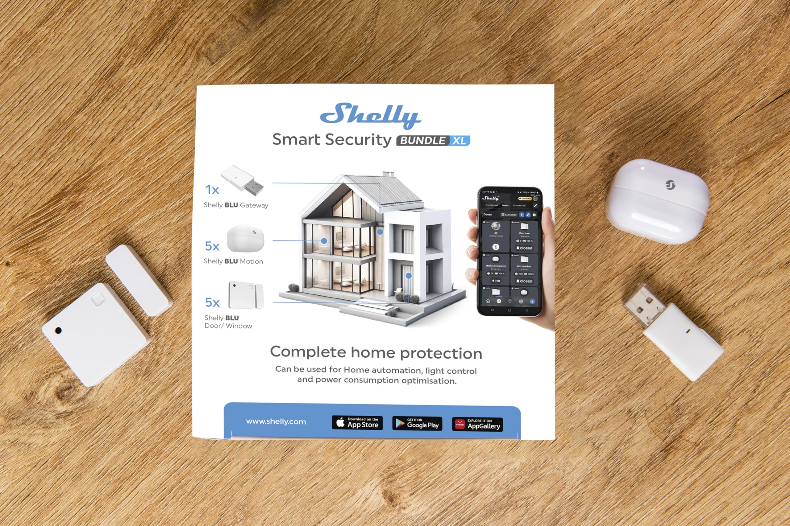 Kit De Seguridad Inteligente Shelly XL - 5 Sensores Puerta/Ventana, 5 Sensores Movimiento, 1 Gateway, Sin Hub, Bluetooth, Batería Larga Duración