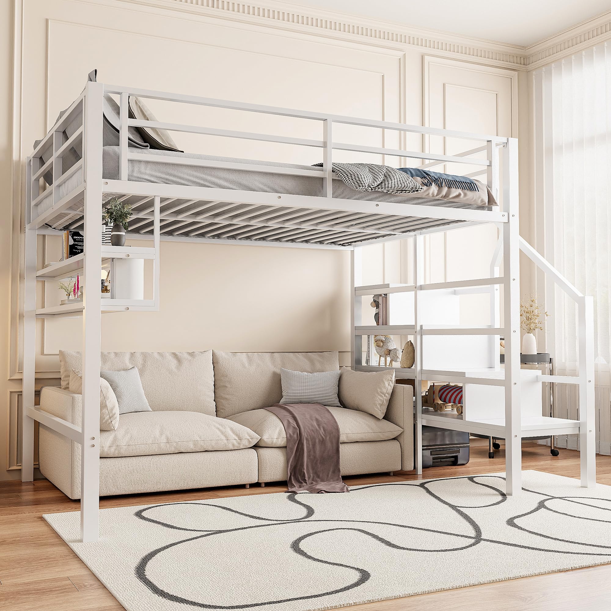Letto per bambini a soppalco 140 x 200 cm, letto in metallo/ferro con protezione anticaduta e rete a doghe, scala di sicurezza con ripiano, letto a castello letto per ragazzi letto funzionale con