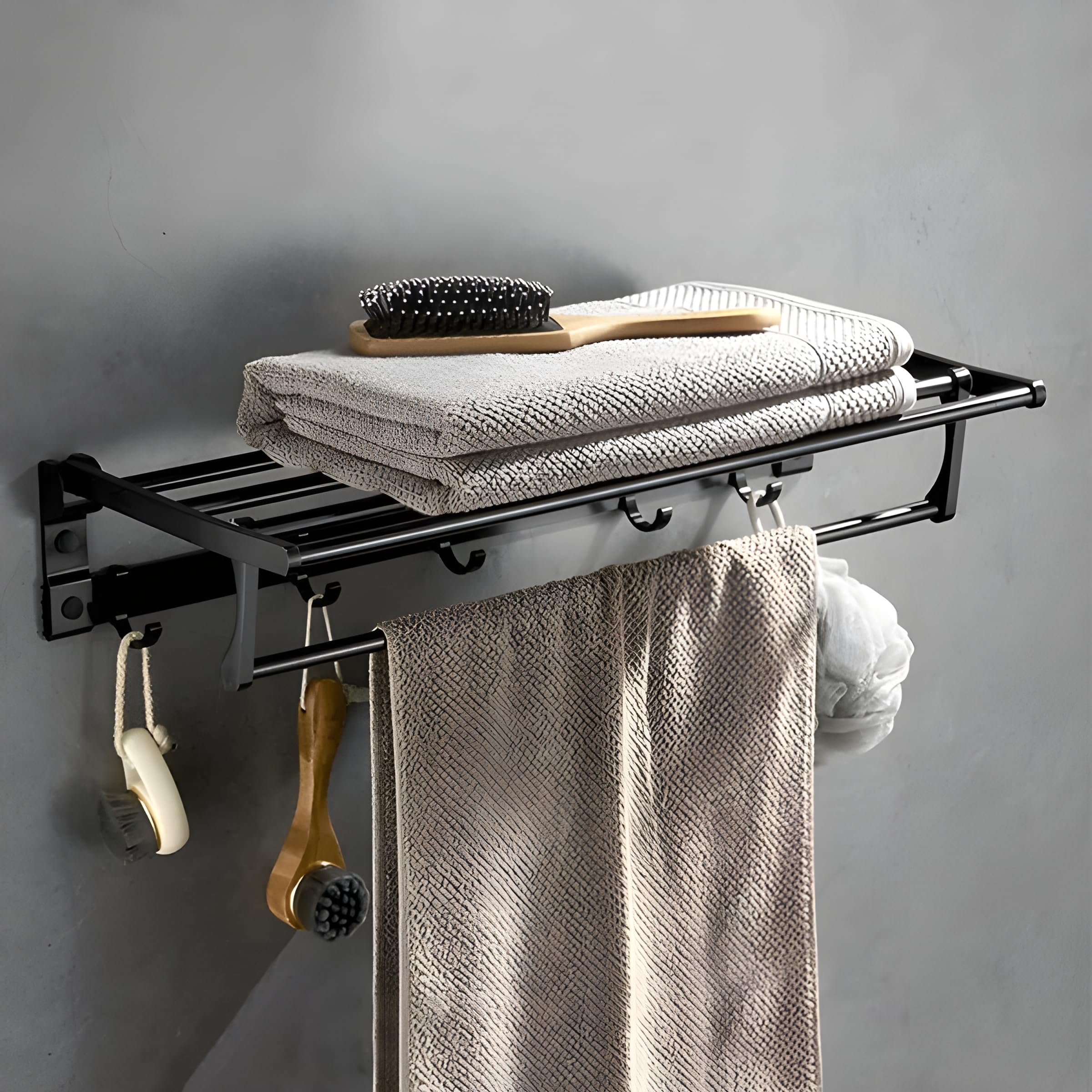 JIALTO Towel Hanger for Bathroom | Wall Mounted Towel Stand for Bathroom | Bathroom Towel Holder with 5 Hooks | Essential Bathroom Accessories (Matt Black Towel Rack) (B0CD3ZFLHN) Amazon Price History, Amazon Price Tracker