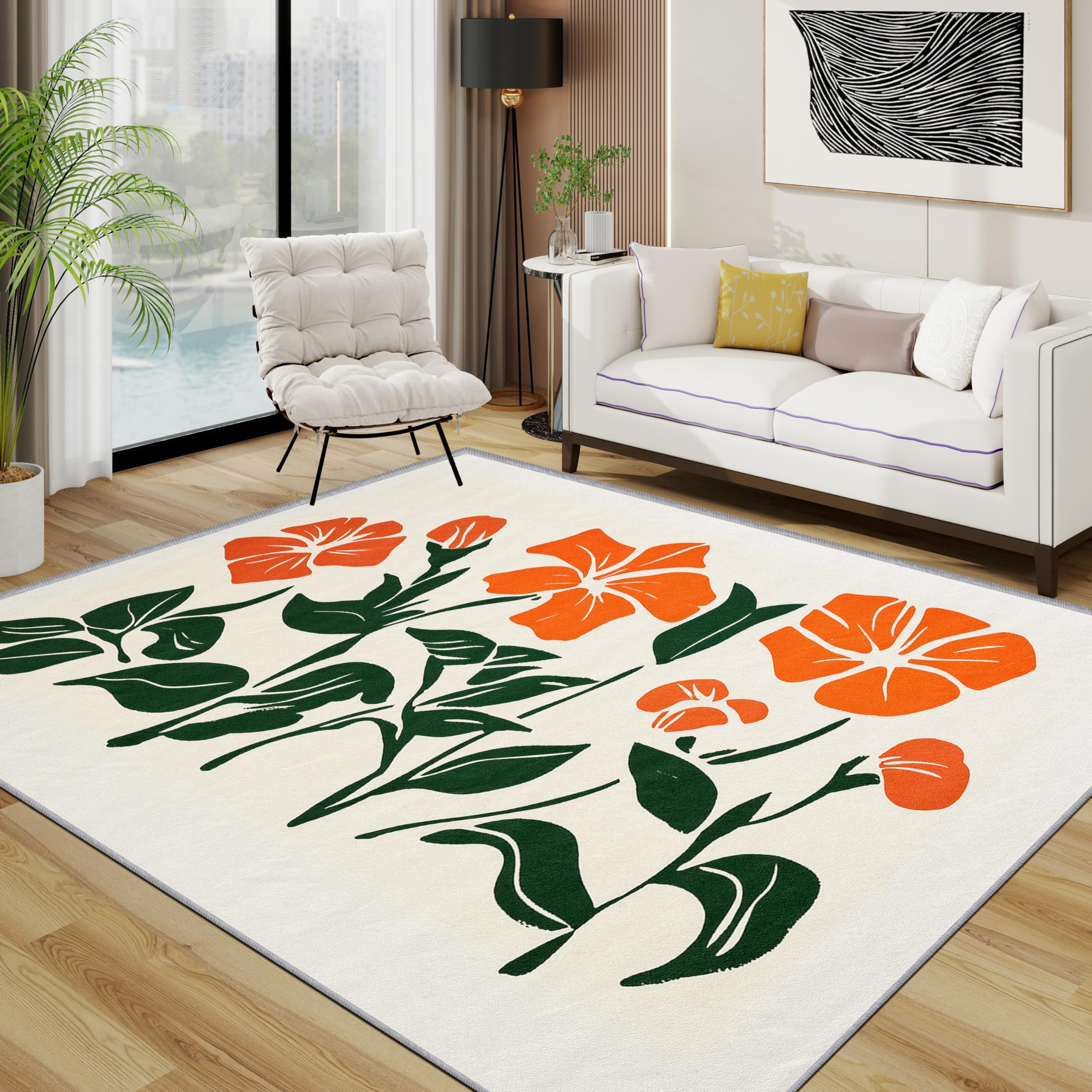 Tapis lavable orange et vert fleurs 180x200 cm au design minimaliste rustique