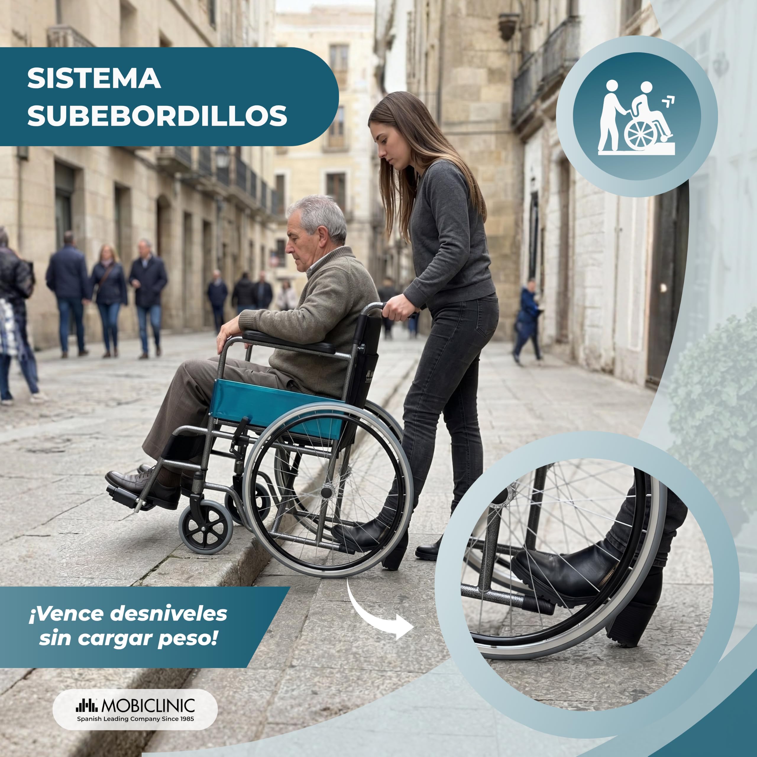 Mobiclinic®, Silla de ruedas plegable, Ligera, Alcázar, Autopropulsable, Freno estacionamiento, Asiento 46cm, Marca española, Reposapiés abatibles, Reposabrazos acolchados, Resistente