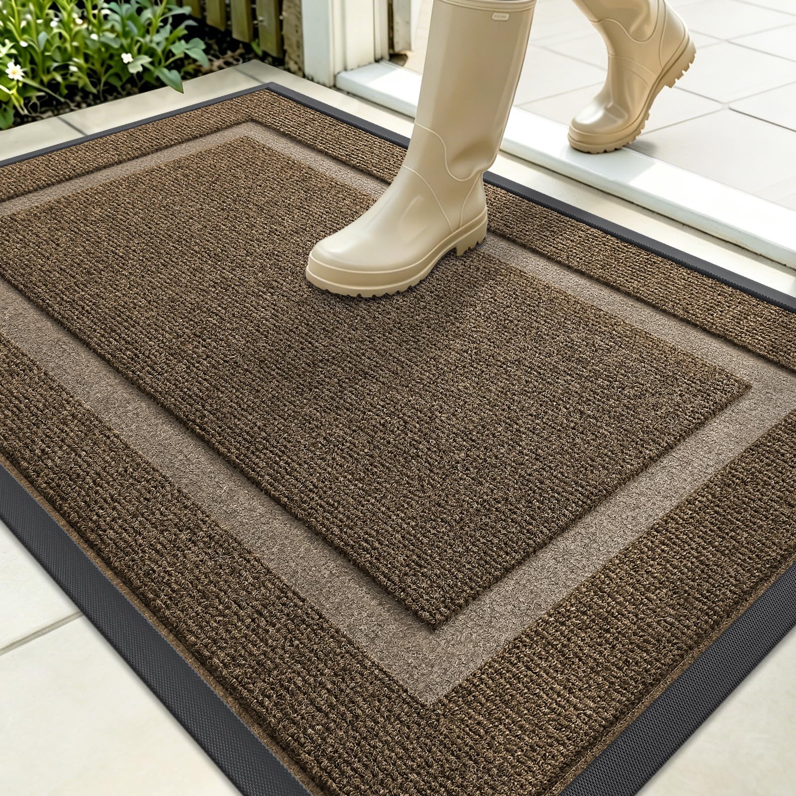 OLANLY Front Door Mat Outside 35x23, All-Season Heavy-Duty Rubber Doormat | Brown, Absorbent, Stain and Fade Resistant, Waterproof Non-Slip Backing, Low-Profile Indoor Outdoor Floor Mat for Entryway
