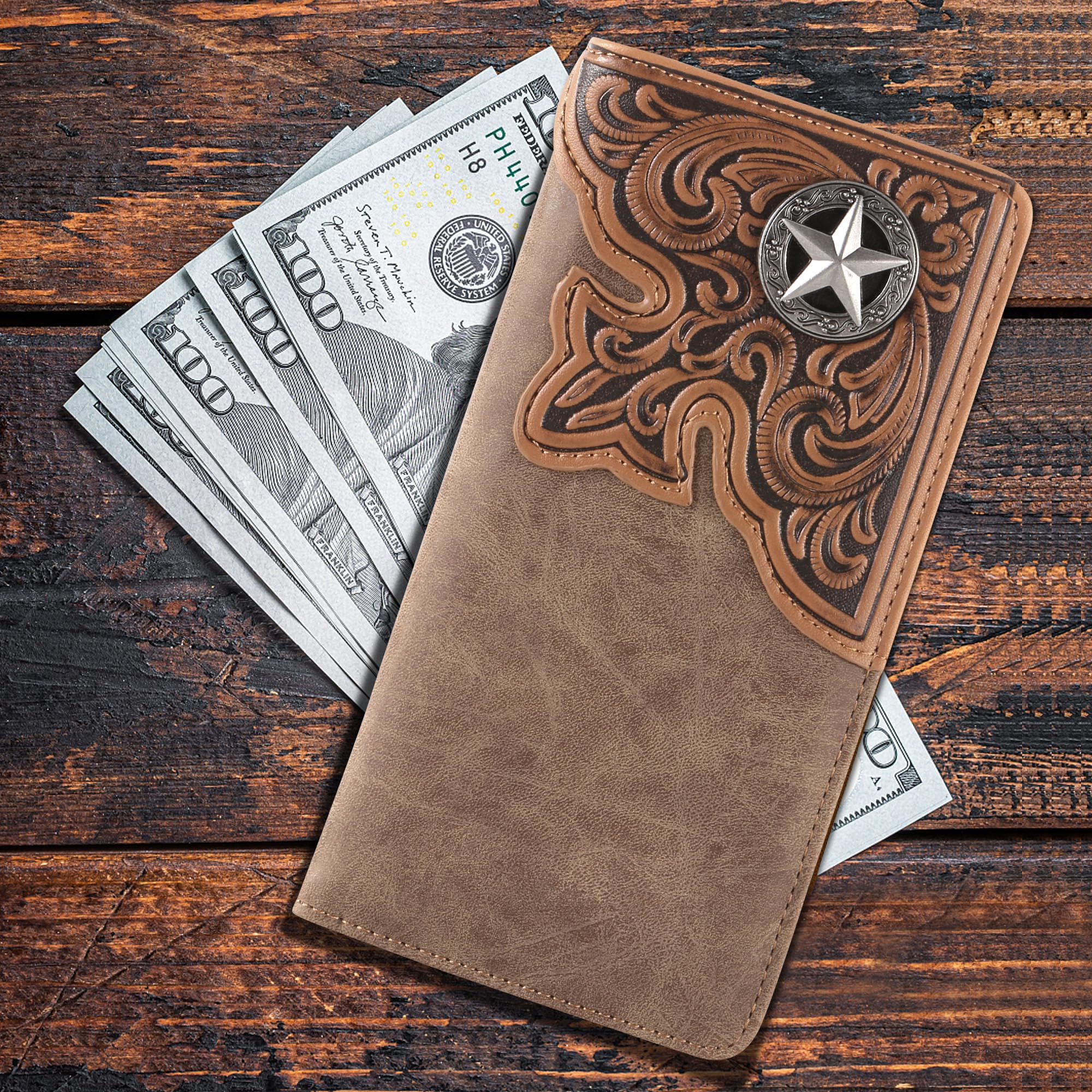 Montana West Western Wallet for Men Long Bifold Wallet with Card Slots RFID Blocking Cowboy Vintage Checkbook Wallet Gift for Men
