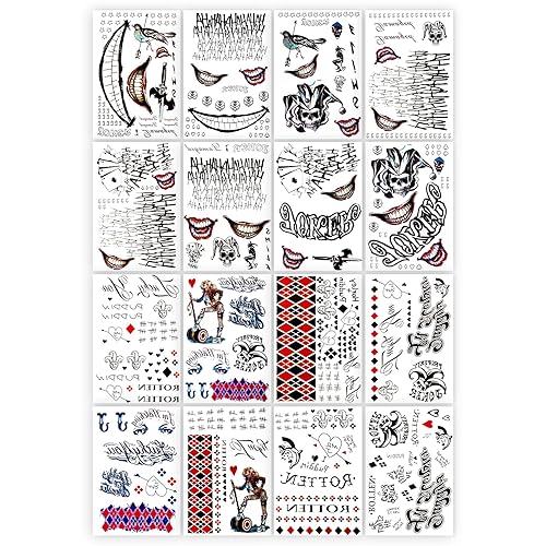 NEDEQI 16 hojas de tatuajes Joker y HQ de gran tamaño, estilo punk, impermeable, todas las versiones