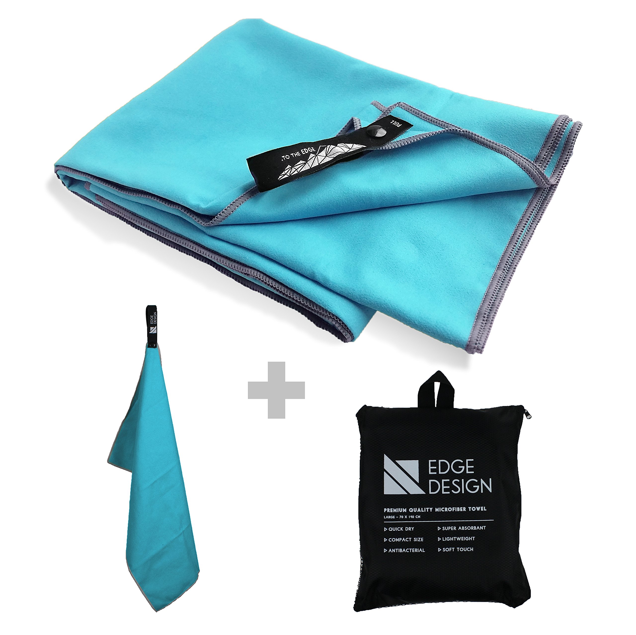 EDGE DESIGN 2-in-set microfiber towel | Travel Trekking Sport Fitness Yoga XL 70x140cm Large + 30x50cm Small Highly absorbent, ultralight & antibacterial microfiber fast drying, soft, with pocket