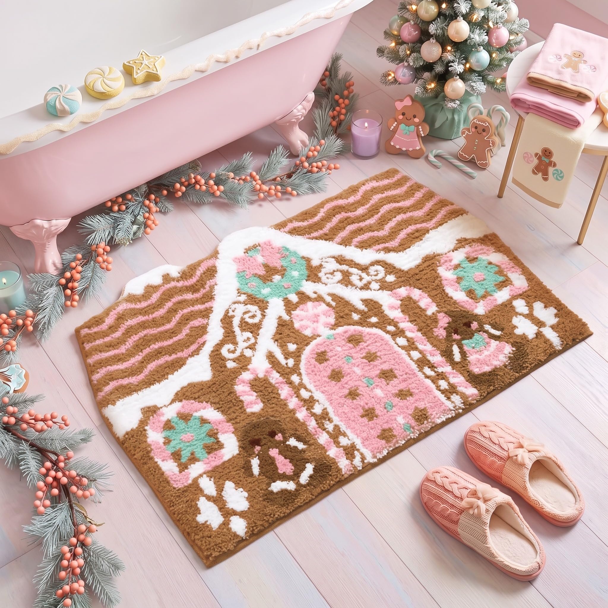 Gingerbread House Christmas Bathroom Rug, 19" x 28", Pastel