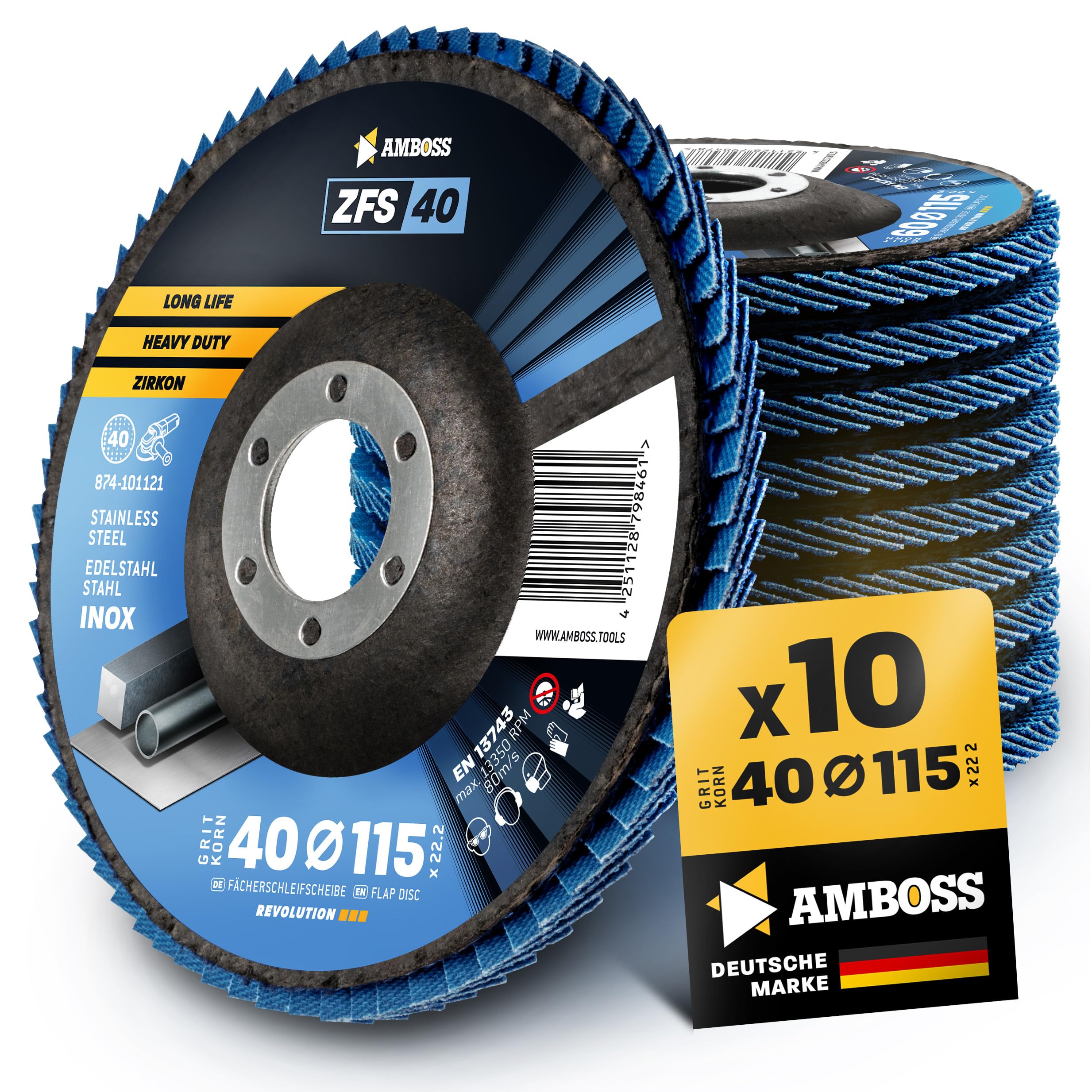 10x Disco lamellare Ø115mm K40 per acciaio/inox - levigatura, rimozione della ruggine, levigatura del giunto a V - AMBOSS Werkzeuge ZFS Disco lamellare blu per smerigliatrice angolare - Mopa