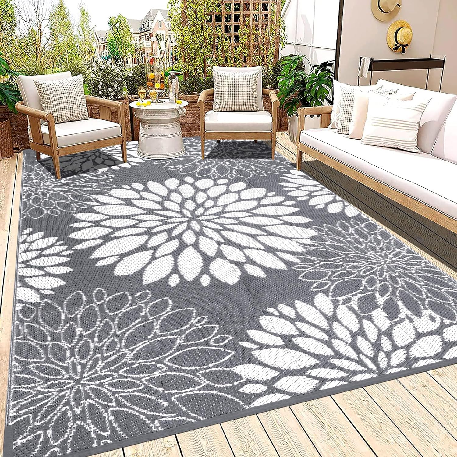Ileading Reversible Outdoor Rug 5x8Ft Waterproof Patio Rug Carpet Portable Outdoor Plastic Straw Rug Large RV Camping Mat Rug for Patio, Clearance, Deck, Beach, Porch, Camping, Picnic, Flower Grey 5x8 FT Grey-flower