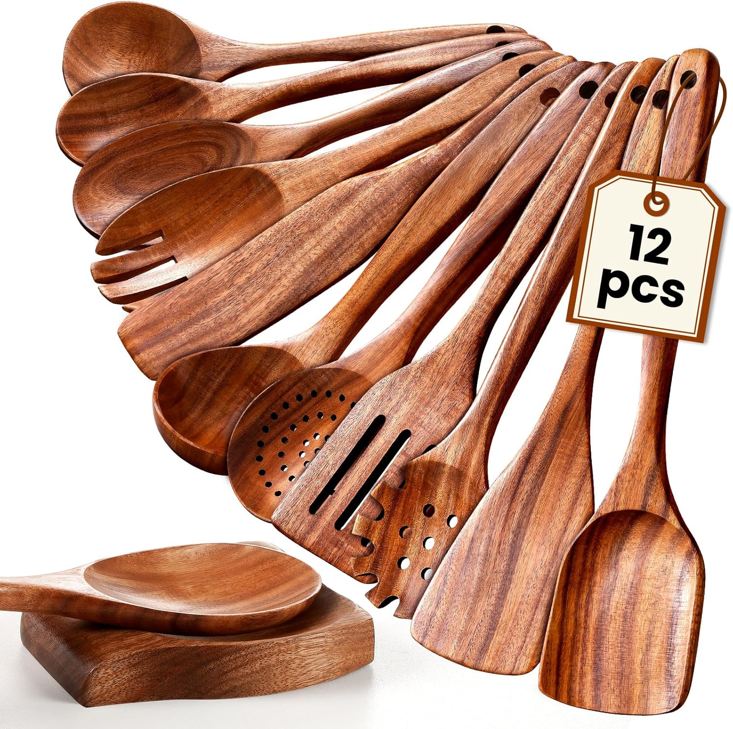 Wooden Spoons for Cooking, 12 Pcs Nonstick Wooden Cooking Utensils Set with Comfort Grip – 100% Natural Teak Wood – Sturdy, Lightweight & Heat Resistant Kitchen Utensils