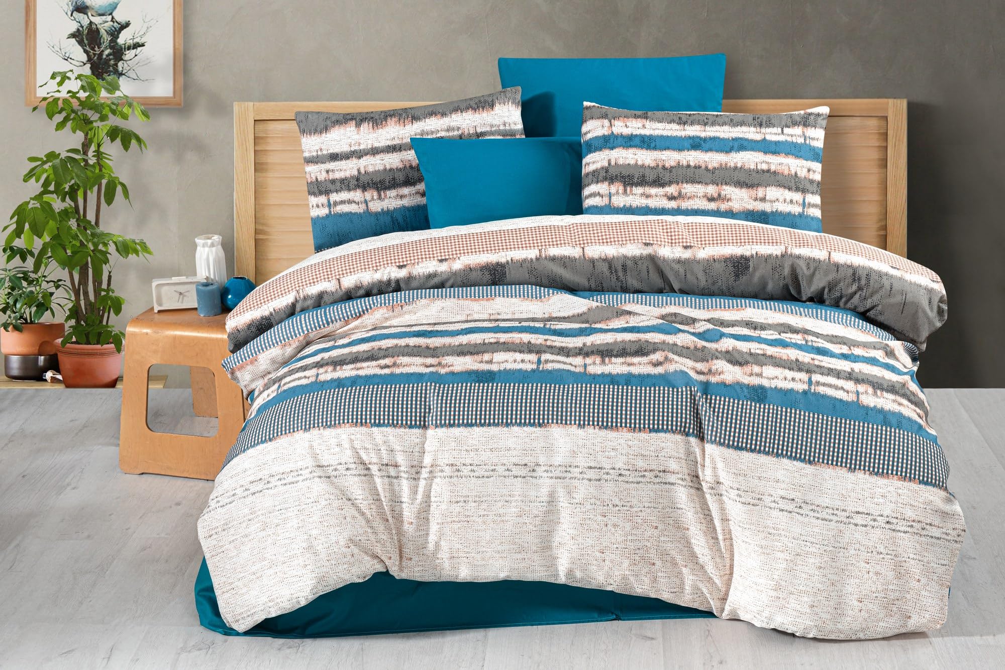 Nuit Des Rêves Elegant Single Quilt Cover Set (135 x 200 cm), 50% Cotton/50% Polyester, Blue/Cream/Grey, Envelope & Button Closure, 127 Thread Count, Machine Washable, Twin