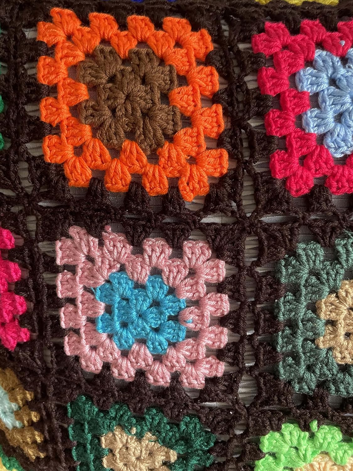 RISEON Granny Square Pillowcase Colorful Crocheted Pattern Throw Pillow Cover Crochet Cushions Cover for Couch Sofa Chair Boho Home Decor gift-17.7 x 17.7 inches (Dark brown)